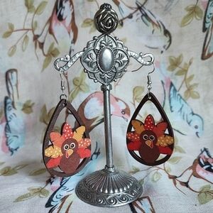 Turkey Wood Wooden Teardrop Earrings Fall Autumn Thanksgiving Jewelry